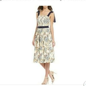 ANTONIO MELANI Yellow Floral Midi Dress with Navy Accents